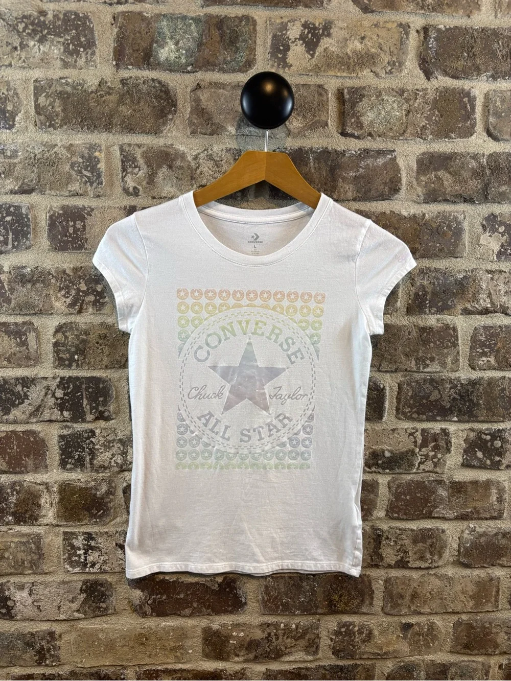 Converse Girls White Tee with Pastel Multicolor All Star Graphic Size Large